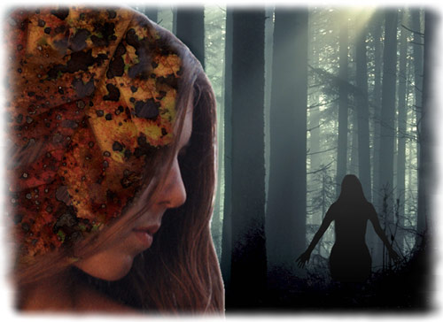 forest-journey woman in forest path digital manipulation photograph goddess karen rainsong eugene oregon
