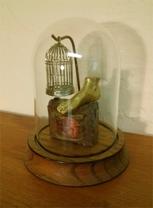 steampunk small sculpture bell jar karen rainsong mysticat traveling companion